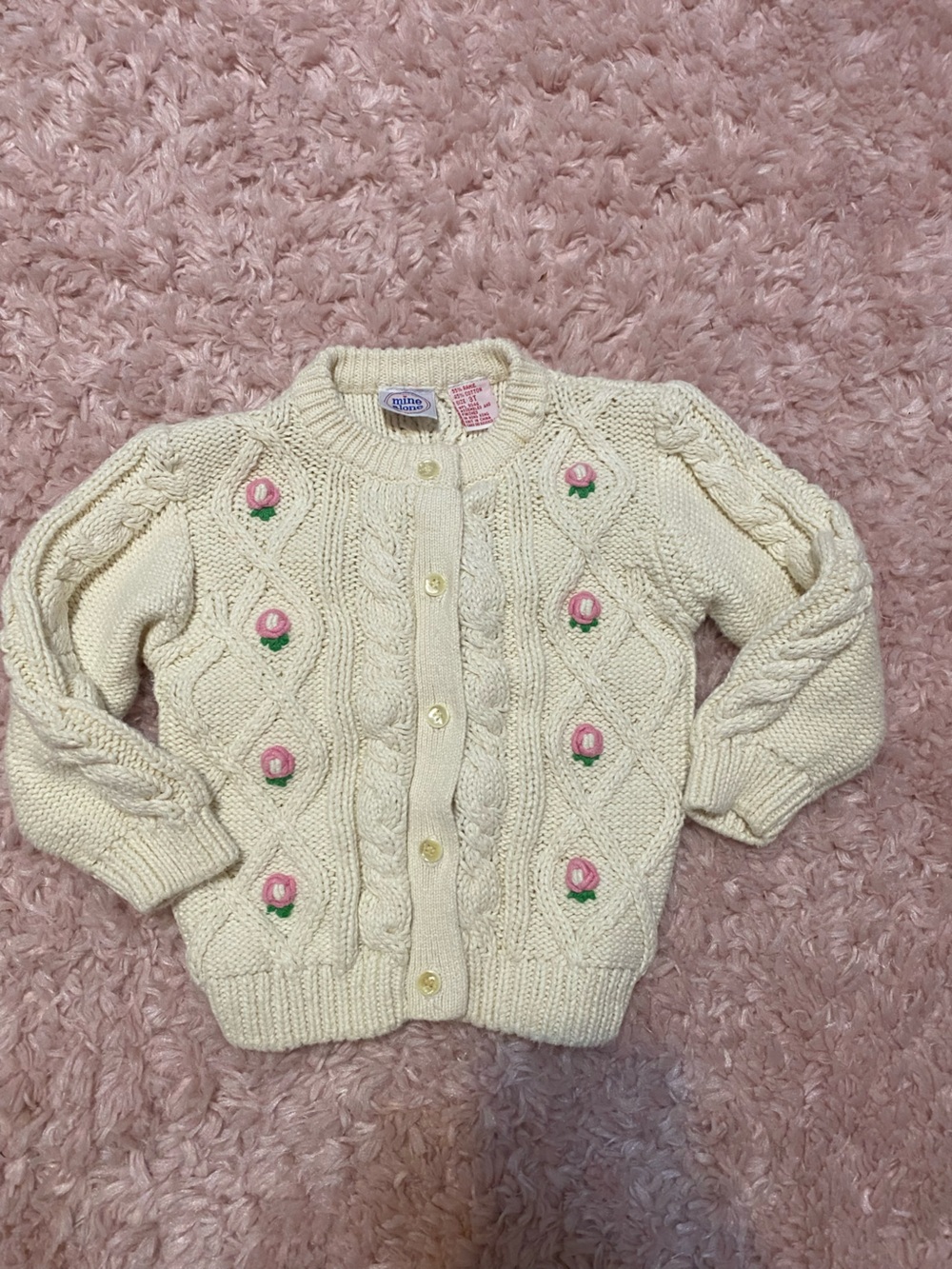 Cream Cable-Knit Cardigan with Pink Rose Embroidery